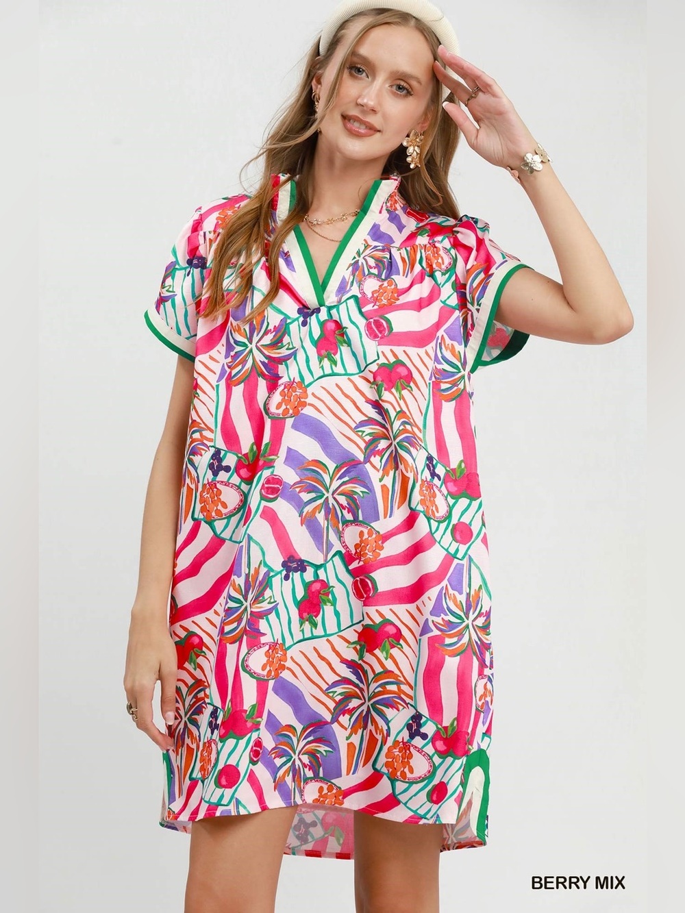 Umgee Tropical Print Collared Shift Dress